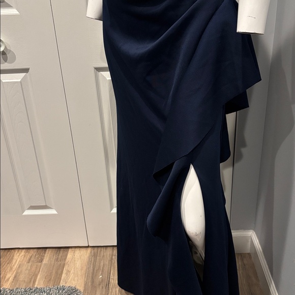 NWOT Xscape navy scuba ruffle one shoulder gown - Picture 7 of 14